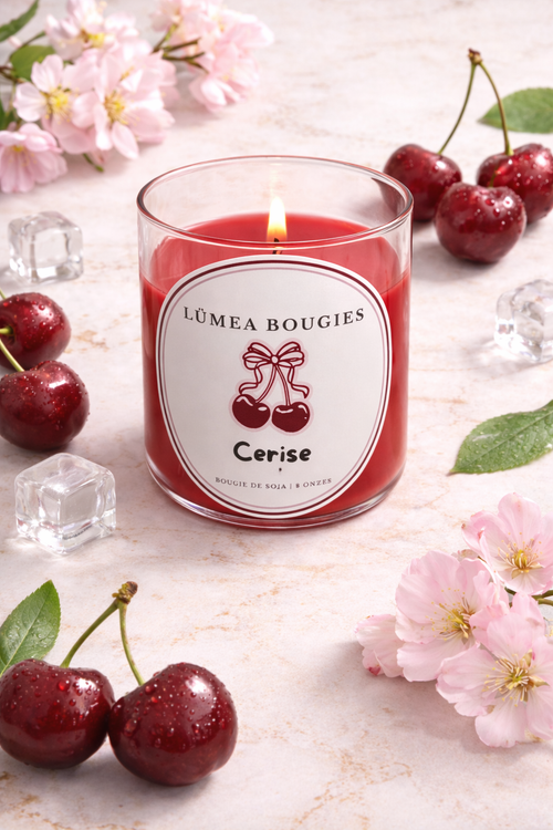 Chandelle artisanale parfumée Cerise Noire & Framboise à la cire de soja fabriquée au Québec
