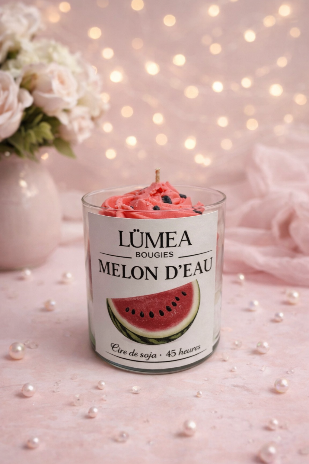 Chandelle gourmande Melon d’Eau fruité à la cire de soja fabriquée au Québec